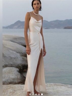 Satin Cream Maxi Slip Dress with High Side Slit